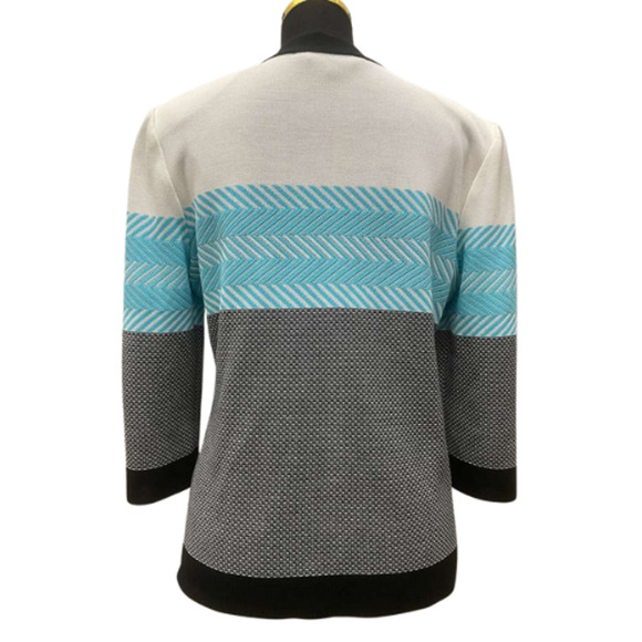 Ming Wang M Knit Jacket Sweater White Aqua Black Zigzag 3/4 Sleeve Zip Cardigan - Picture 2 of 9